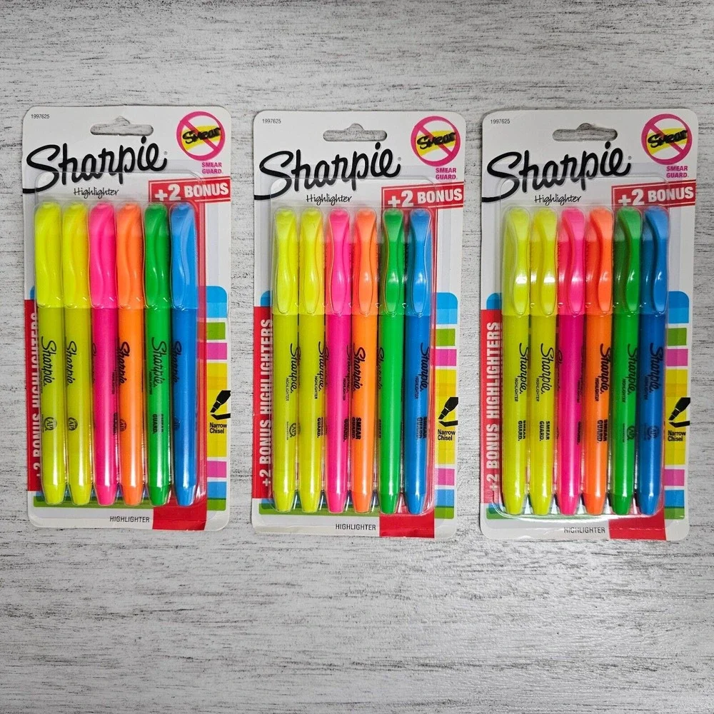 SHARPIE Highlighters Smear Guard Narrow Chisel Neon Assorted Colors 3 PACK-18 CT